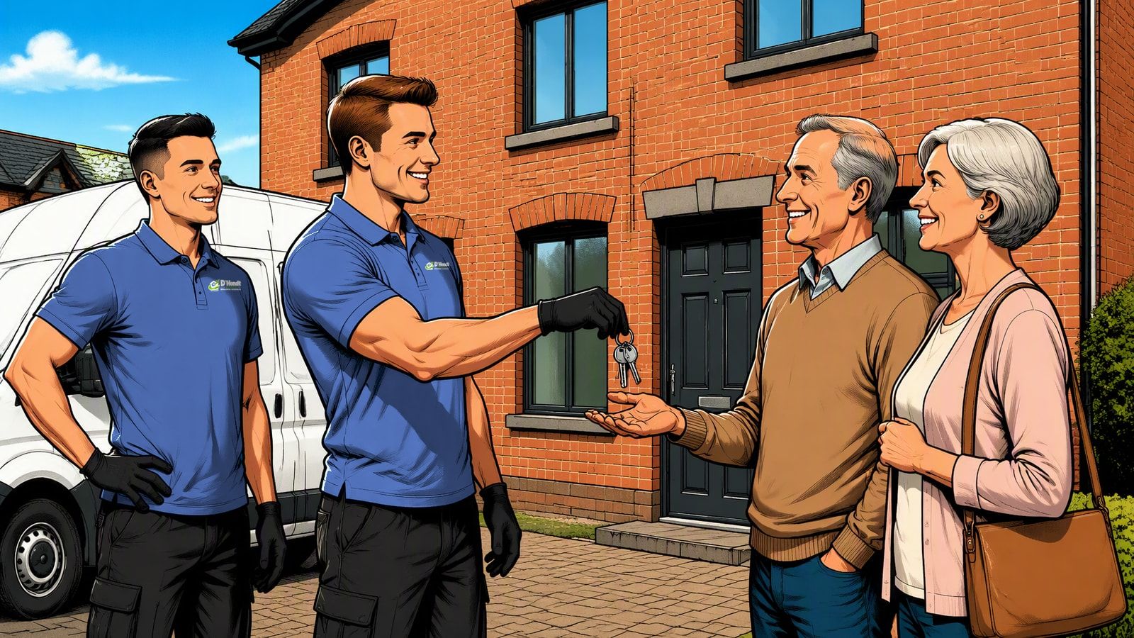 Two workers hand the keys of an emptied house to an elderly couple