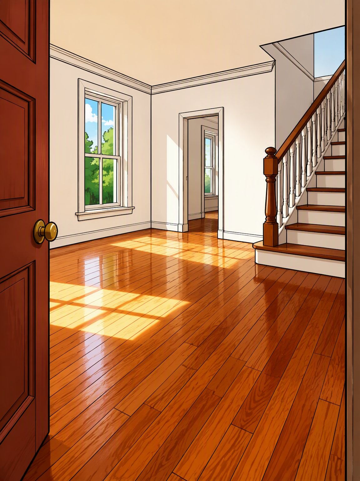 Empty, cleaned living room with a shiny wooden floor and stairs, handed over broom-clean